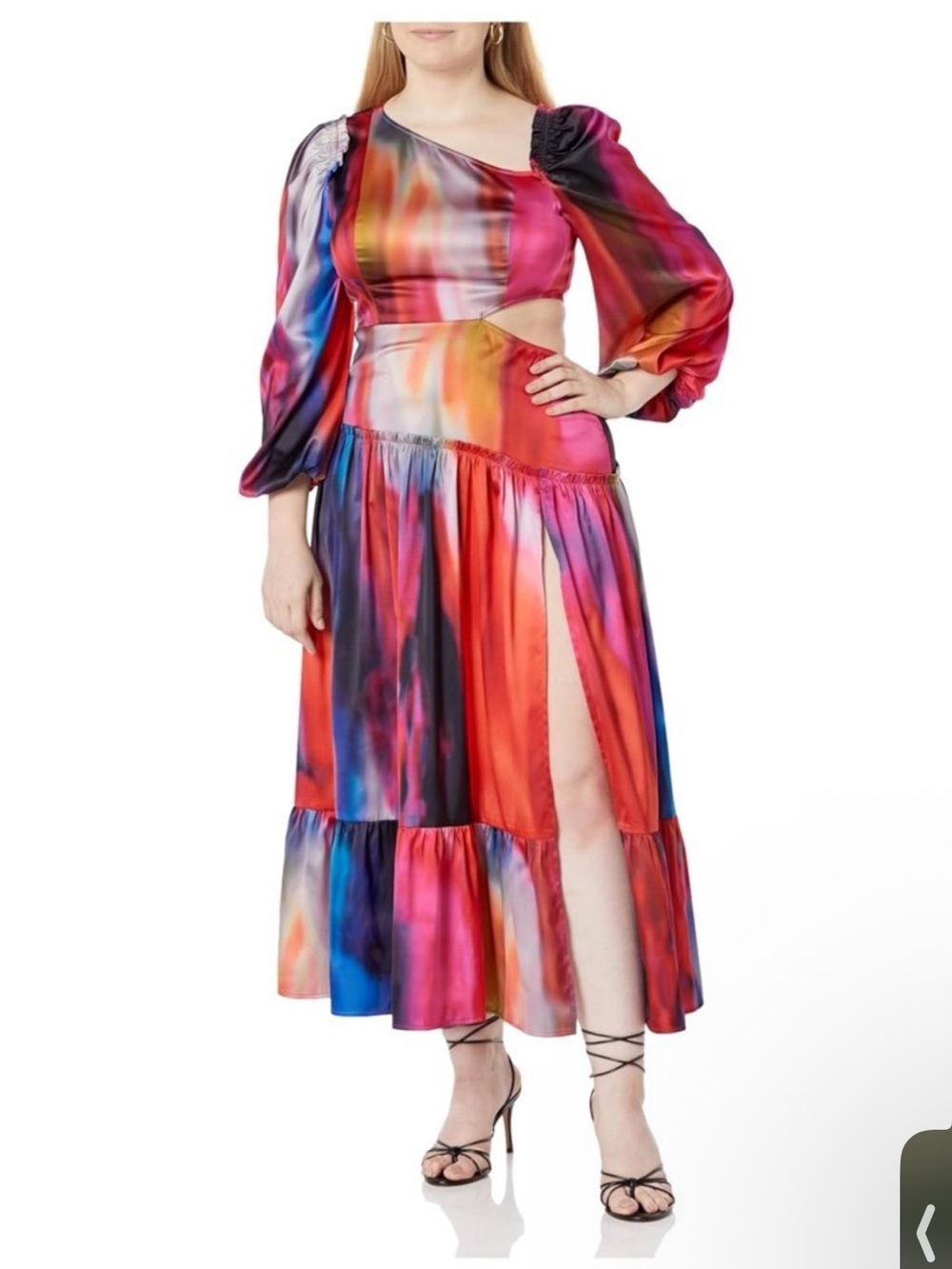 Asymmetric Multicolor Satin Midi Dress with Side Cutout